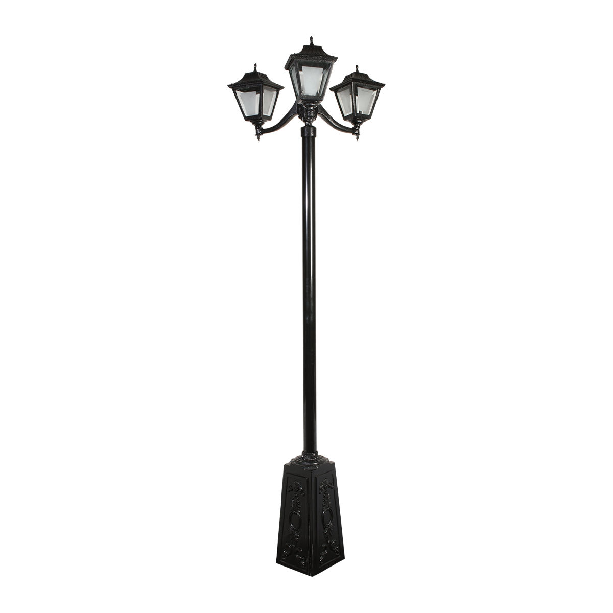 1702/N-Poste con base de tres faroles color negro, cabezales y placas.